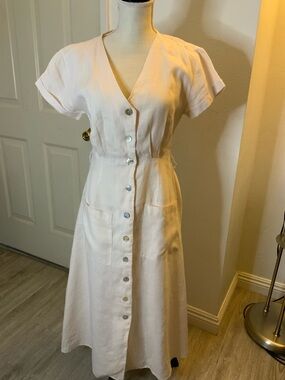 Rachel Zoe Cream Button-Front V-Neck Midi Dress